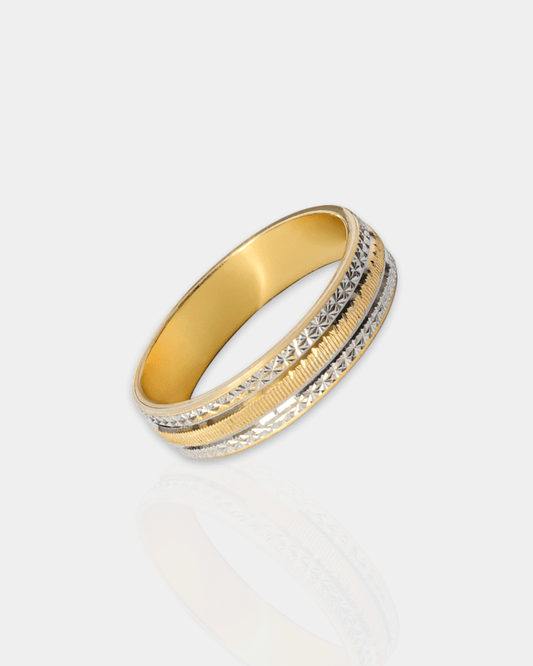 Argolla de Matrimonio en Oro Amarillo y Blanco con Grabado Geométrico