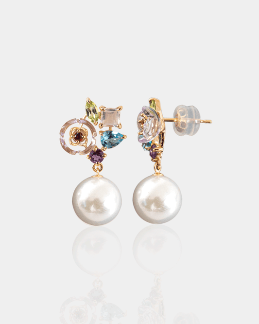 Broquel de Flor con Perla Blanca y Piedras Naturales