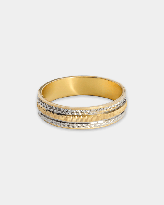 Argolla de Matrimonio en Oro Amarillo y Blanco con Grabado Geométrico
