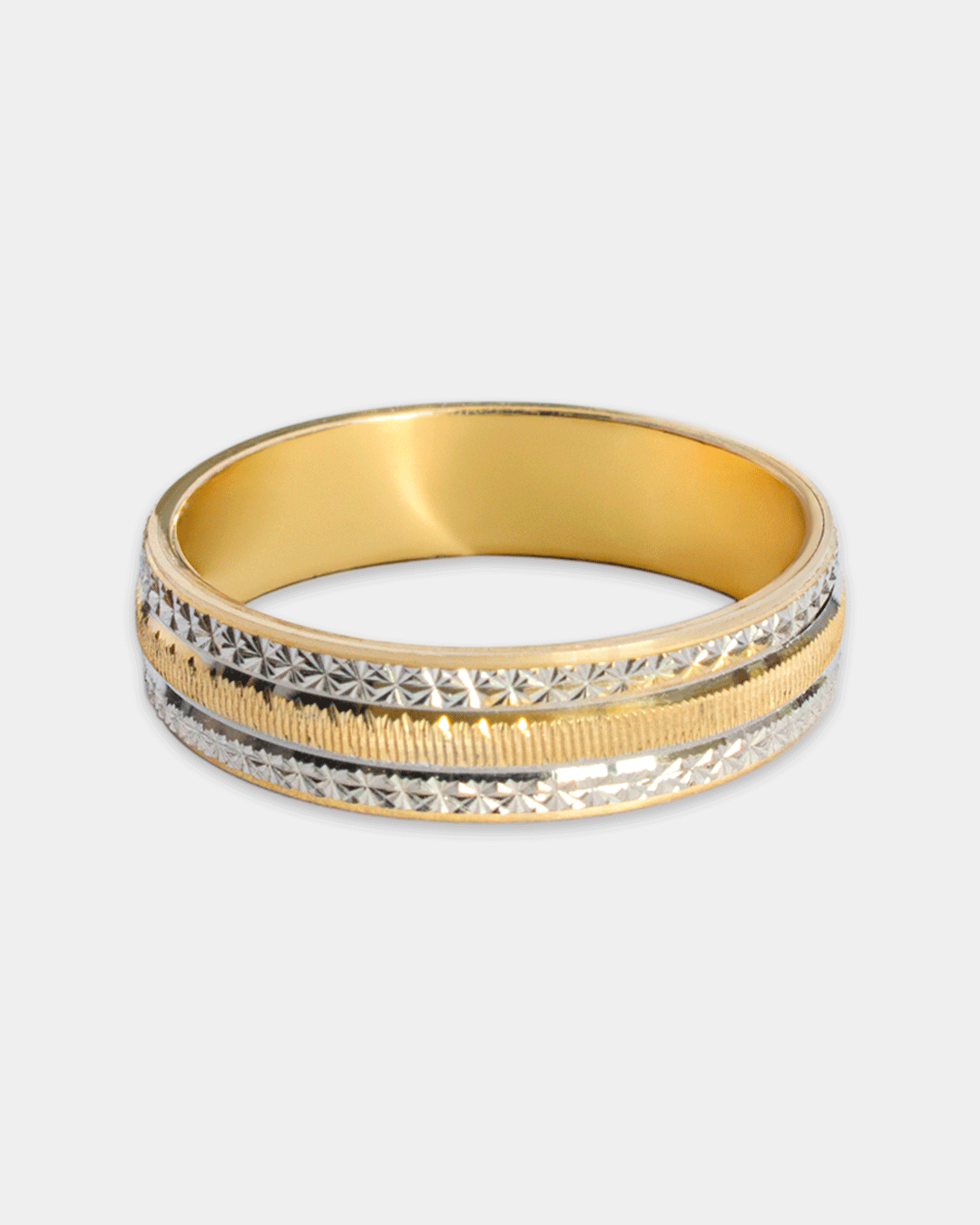 Argolla de Matrimonio en Oro Amarillo y Blanco con Grabado Geométrico