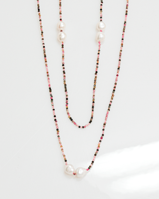 Collar Largo de Turmalina y Perlas Blancas