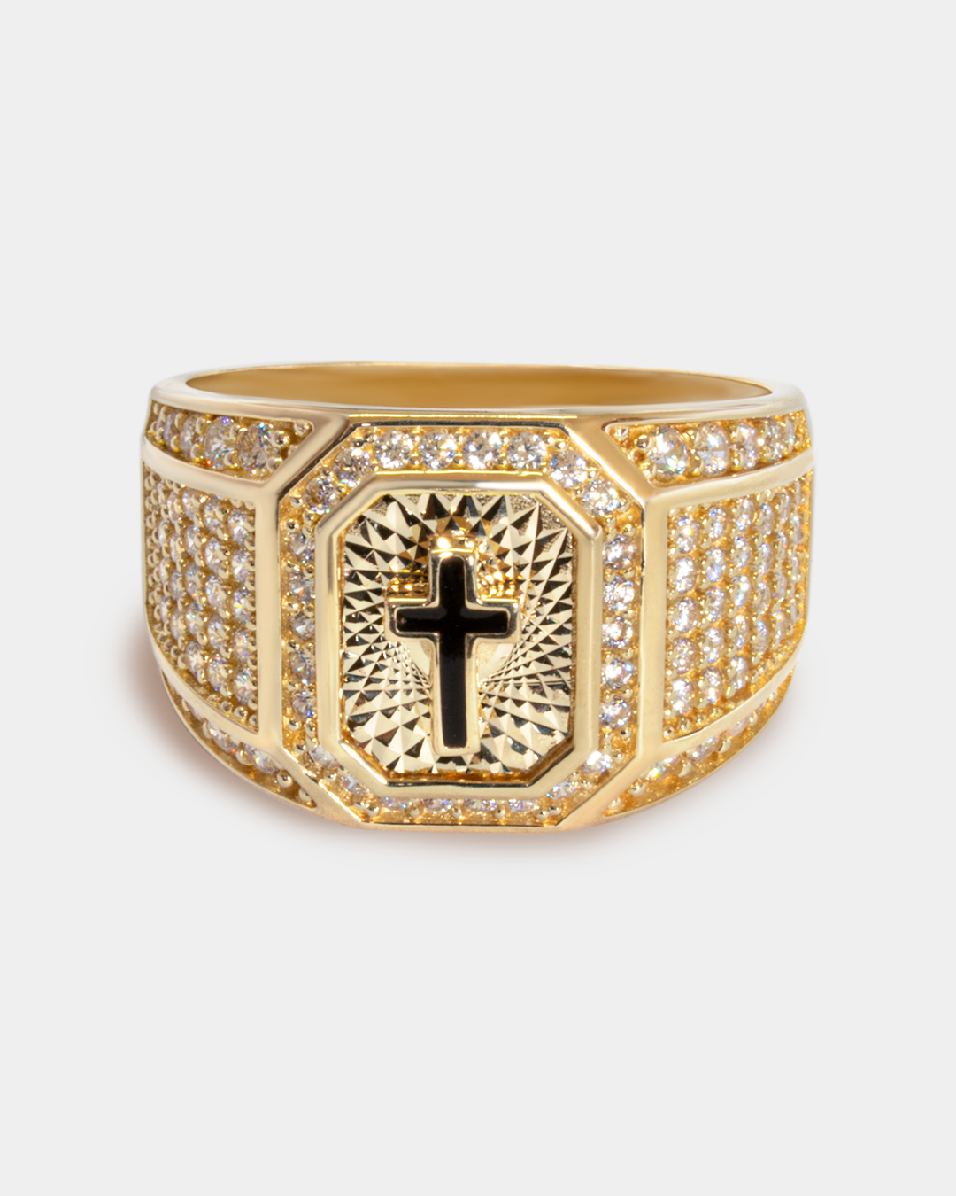 Anillo para Hombre con Cruz de Ónix y Zirconias Blancas