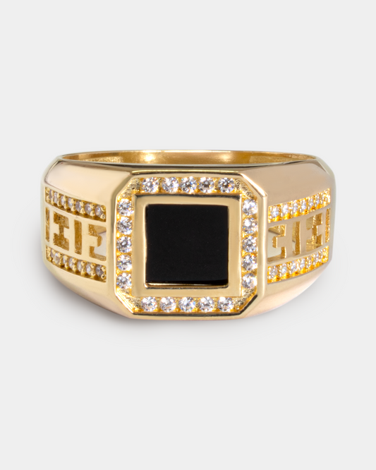 Anillo para Hombre con Grecas, Ónix y Zirconias Blancas