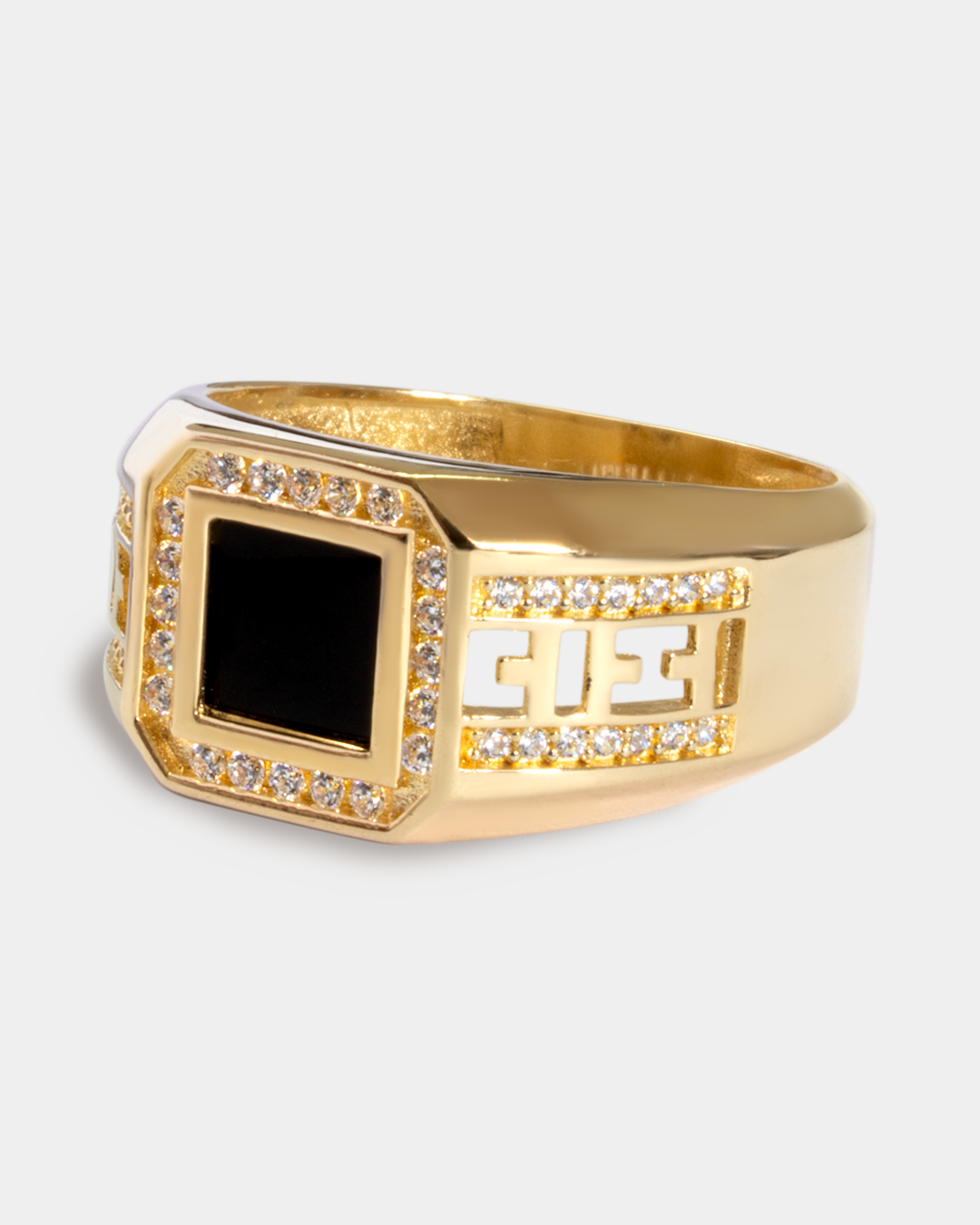 Anillo para Hombre con Grecas, Ónix y Zirconias Blancas