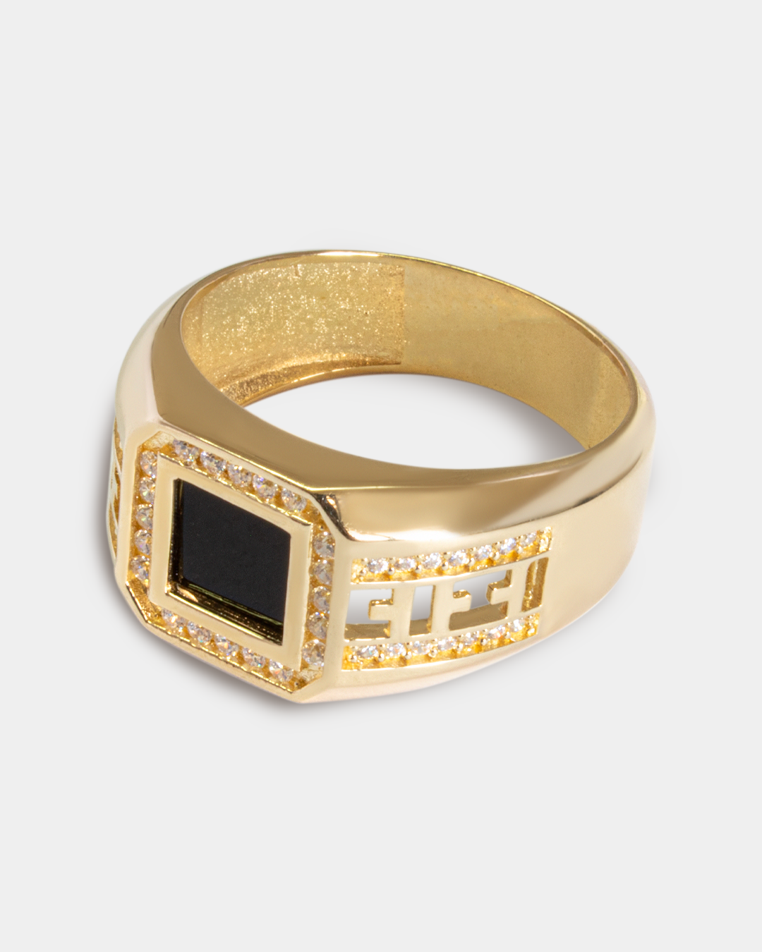 Anillo para Hombre con Grecas, Ónix y Zirconias Blancas